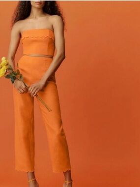 Reformation OrangeScallop-Trim Strapless Crop Top & Wide-Leg Pants Set